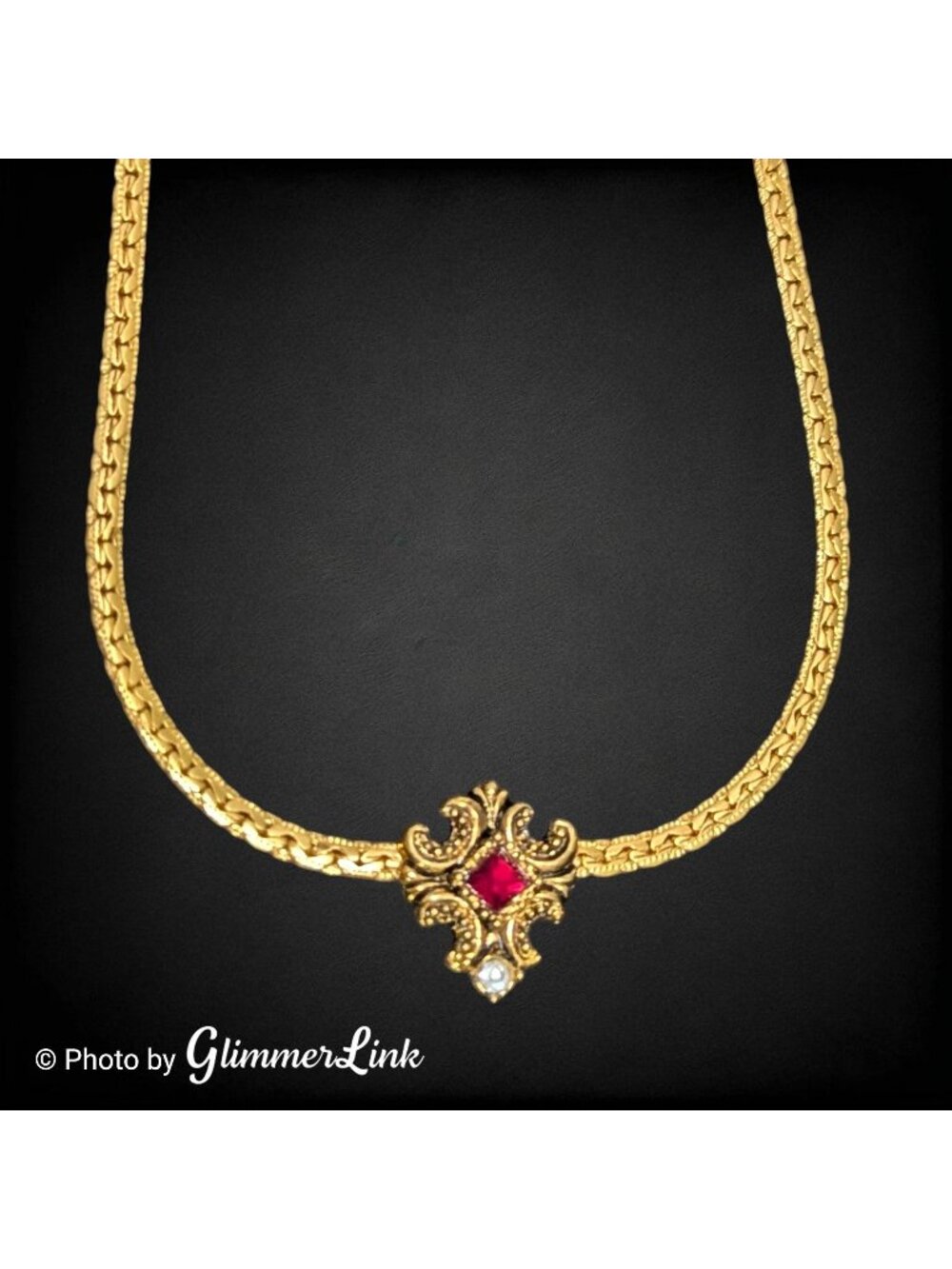 Vintage Avon Treasured Memories Cross Necklace Red Rhinestone Gold Tone